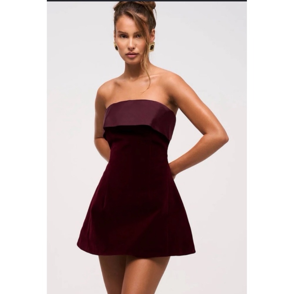 Murci Burgundy Velvet Strapless Mini Dress Satin Trim A-Line Cocktail Maroon 6